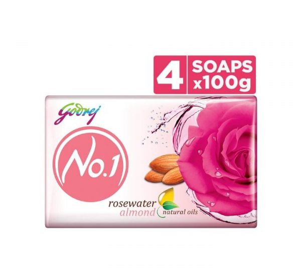 Godrej No.1 Bathing Soap – Rosewater & Almond, 100g (Pack of 4)